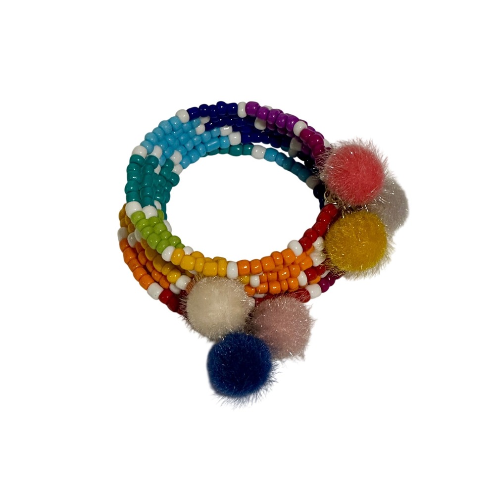 Handmade Boho Rainbow Beaded Coil Bracelet Set Pom Pom Charms‎ - Picture 4 of 4